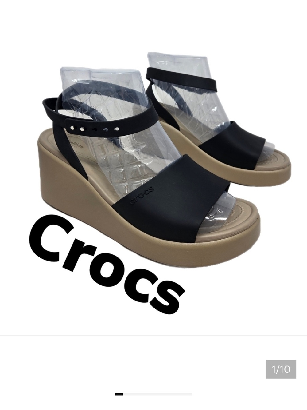 Crocs Brooklyn Adj. Ankle Strap Womens Wedges Sz 11 Literide Footbed Beige Black